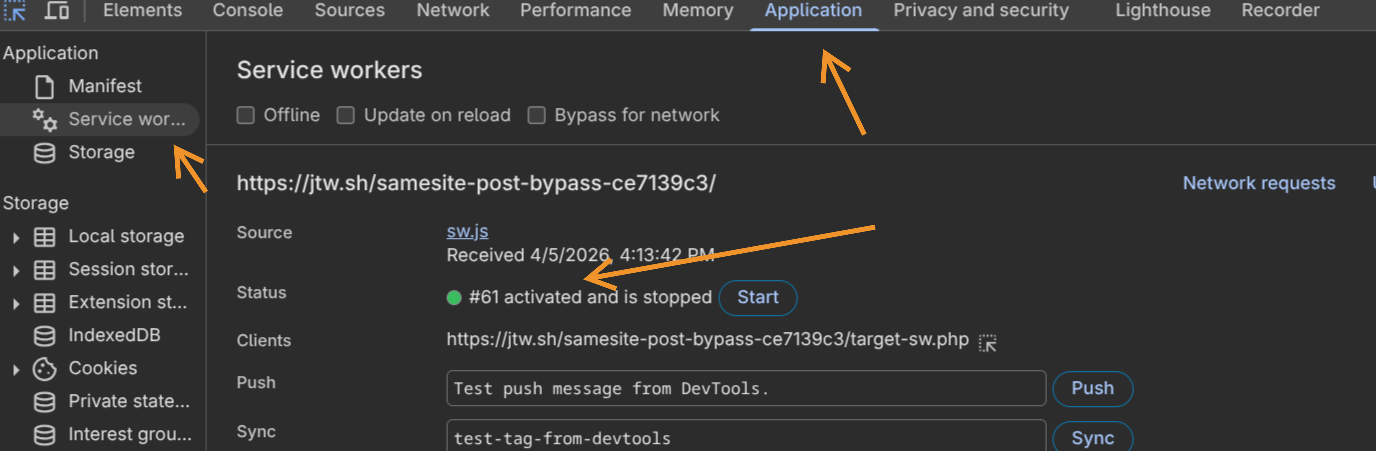 Service worker registered on the target origin in Chrome DevTools Application tab